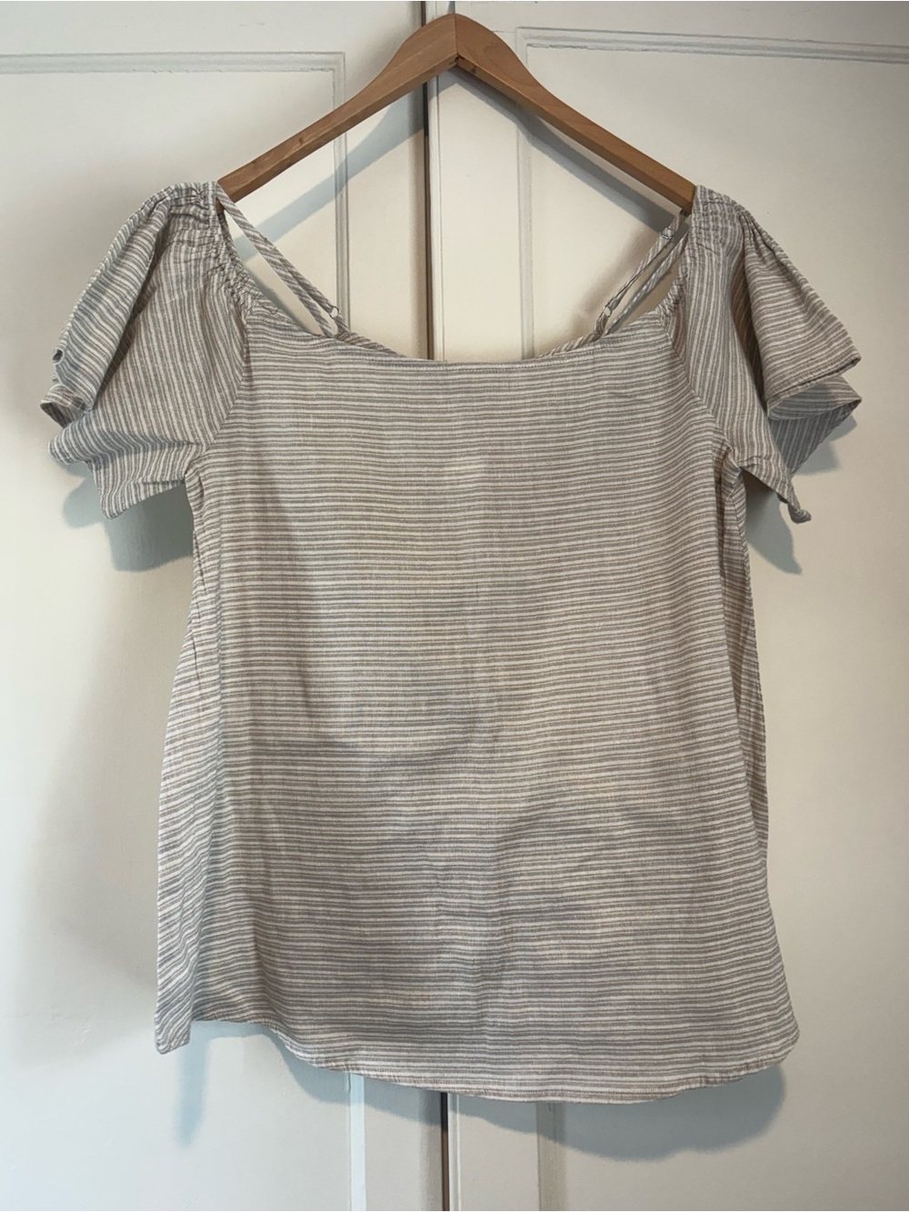 Easel Tan & Cream Striped Cotton Cold Shoulder Blouse